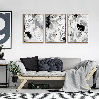 myusuar 3 Piece Large Modern Abstract Canvas Framed Wall Art For Living Room, Black And White Lines Minimalist Wall Art Decor Posters Prints For Bedroom Office, 16x24in