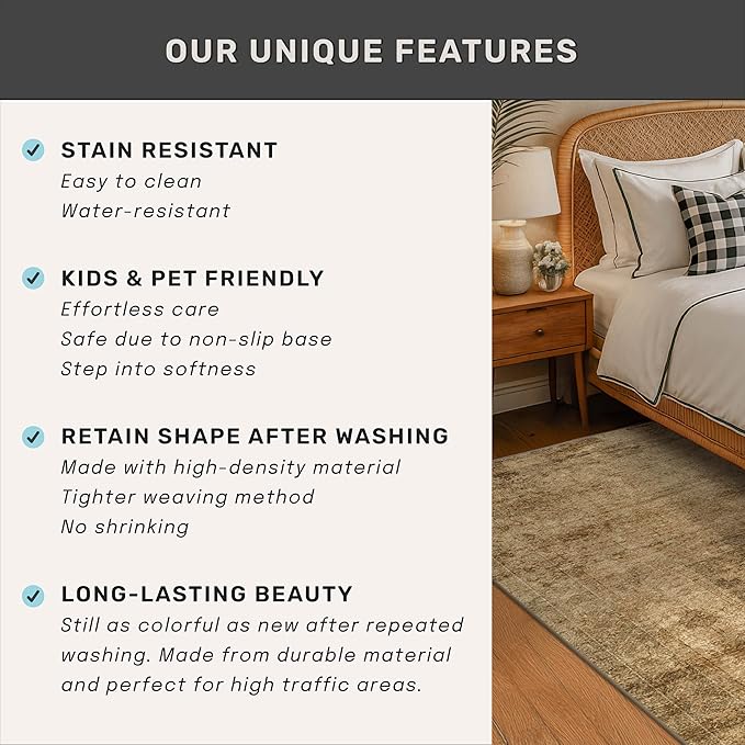 Hazo Haus Vintage Dark Gold Rugs for Living Room - 6x9 Distressed Print Pattern Large Area Rug for Bedroom, Dining Room Under Table, Thin & Soft Washable Brown and Yellow
