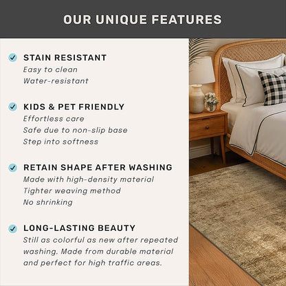 Hazo Haus Large Brown Golden Rug for Living Room - Rustic Farmhouse 9x12 Area Rug for Dining Room Table, Bedroom Under Bed, Non Slip with Rubber Backing & Stain Resistant