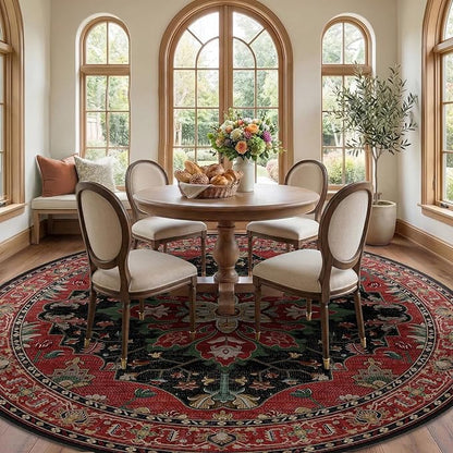 RELEANY Area Rugs Round 10ft Washable Non-Slip, Floral Vintage Distress Print Pattern Medallion Carpet for Living Room Bedroom Dining Room, Red Black