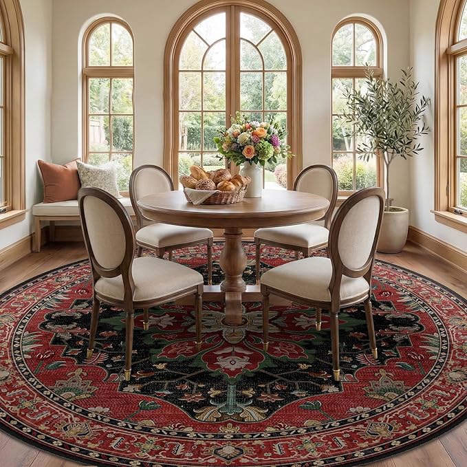 RELEANY Area Rugs Round 8ft Washable Non-Slip, Floral Vintage Distress Print Pattern Medallion Carpet for Living Room Bedroom Dining Room, Red Black