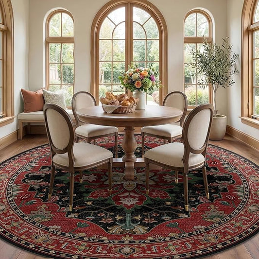 RELEANY Area Rugs Round 8ft Washable Non-Slip, Floral Vintage Distress Print Pattern Medallion Carpet for Living Room Bedroom Dining Room, Red Black