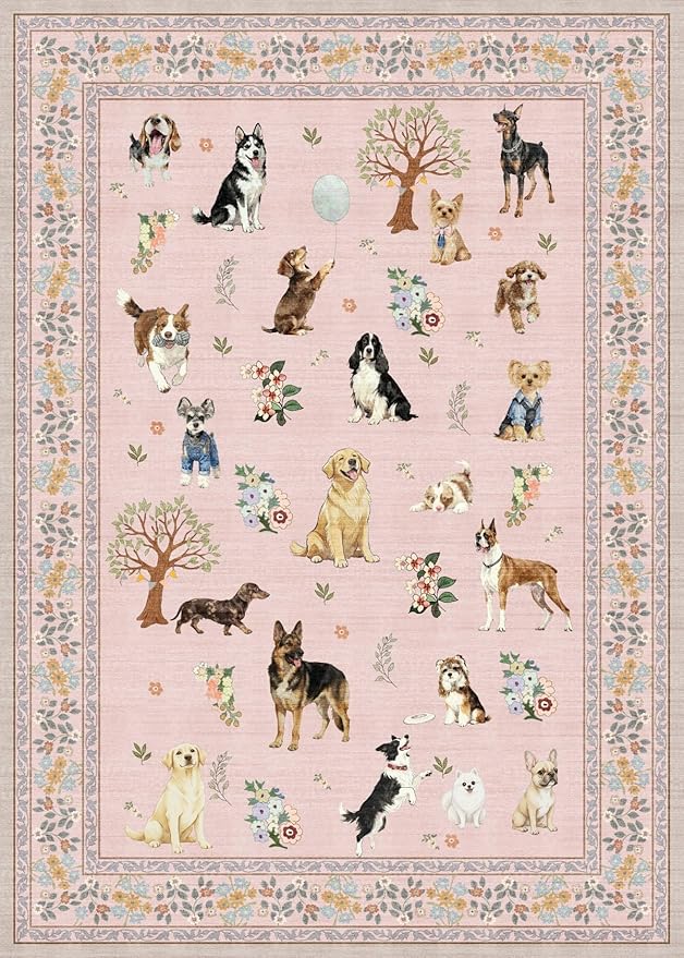 Area Rug 4x6 Pink Rug, Washable Dog Rugs Non Slip Low Pile Floral Small Carpet for Bedroom, Bedside, Kids Room, Office, Dining Room