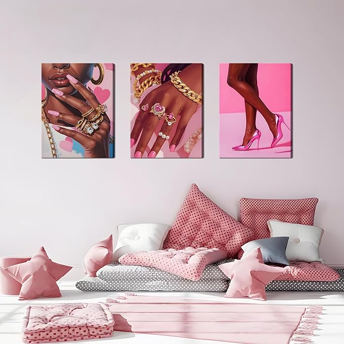 Framed Pink Black Girl Wall Art Set of 3, African American Black Women Canvas Prints Poster, Fashion Gorgeous Girl Paintings Pictures Artwork for Bathroom Bedroom Living Room Wall Decor 12x16 Inch