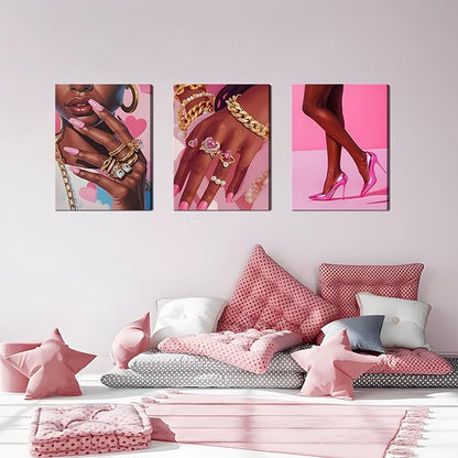 Framed Pink Black Girl Wall Art Set of 3, African American Black Women Canvas Prints Poster, Fashion Gorgeous Girl Paintings Pictures Artwork for Bathroom Bedroom Living Room Wall Decor 12x16 Inch