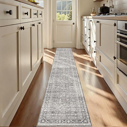 OPPODREAM Vintage Grey 2x12 Runner Rug, 2 x 12 Retro Washable Rug Non Slip, Low-Pile Faux Wool Carpet, Distressed Gray Floor Mat for Kitchen, Hallway, Entry-Way, Entrance, Indoor Back Door