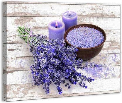 Bathroom Canvas Wall Art Purple Lavender Theme Modern Flowers Painting Pictures for Bedroom Wall Decor Vintage Framed Artwork for Office Kitchen Rustic Wall Decor for Wall Size 12x16, Purple and Gray