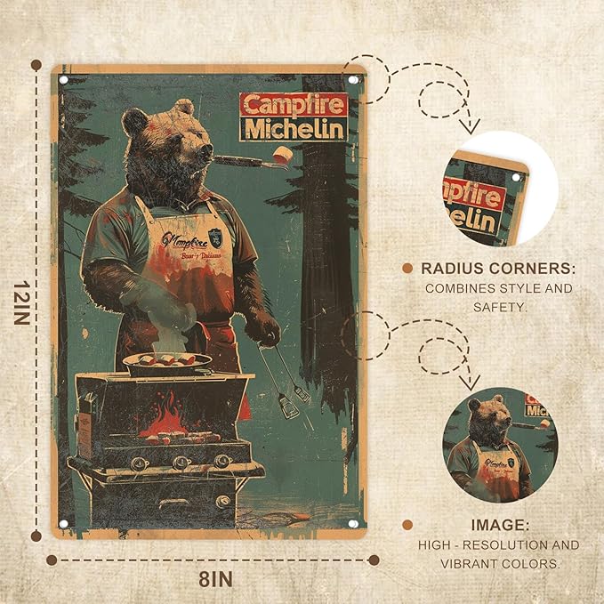 Campfire Michelin Bear Metal Wall Art - 8x12 Inch Rustic Outdoor BBQ Decor, Vintage Kitchen Cabin Sign for Cabin Lodge, Hunting Cabin & Camping Enthusiast Gift