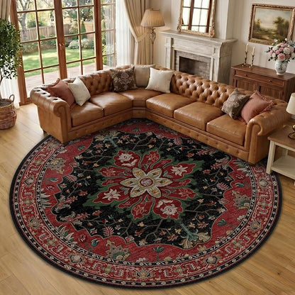 RELEANY Area Rugs Round 10ft Washable Non-Slip, Floral Vintage Distress Print Pattern Medallion Carpet for Living Room Bedroom Dining Room, Red Black