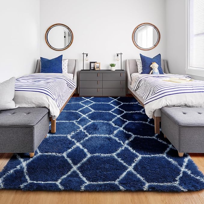 ONASAR 5x7 Area Rugs for Living Room Bedroom, Fluffy Navy Blue and White Throw Rug, Geometric Boho Soft Plush Shaggy Floor Carpet for Nursery Kids Girls Boys Teen Dorm Home Decor Aesthetic