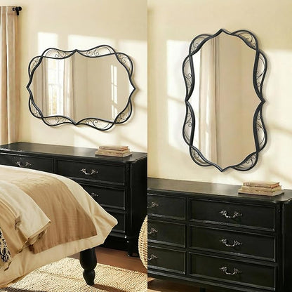 Besdomus Modern Black Bathroom Mirror: 24"x36" Scalloped Modern Large Bathroom Vanity Mirrors for Over Sink - Farmhouse Decorative Vertical or Horizontal Hanging for Bathroom/Living Room/Entryway