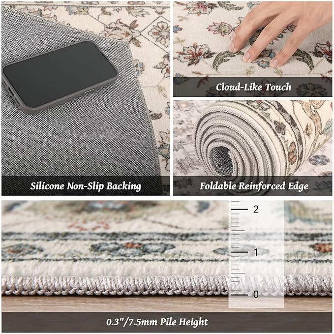 Washable 9x12 Area Rugs for Living Room, Boho Non-Slip Vintage Distress Lager Rugs for Bedroom Dining Room Nursery Office, 0.3" Neutral Oriental Throw Thin Carpet, Beige/Rust/Multi, B1