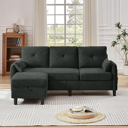 Convertible Sectional Sofa, 77" Small L Shaped 3 Seat Couch with Reversible Storage Chaise, Modern Polyester Fabric Sofa Couches for Living Room, Apartment and Small Space, Black