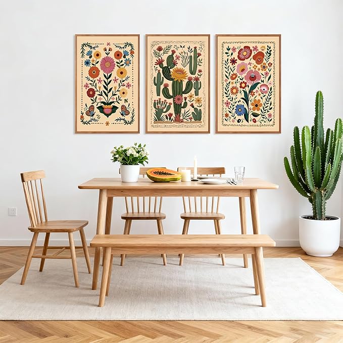 HLNIUC Vintage Flower Wall Art Canvas,Desert Plant Wall Art,Flower Butterfly Artwork,Retro Floral Painting,Cactus Painting,Botanical Framed Decor,William Morris Prints for Living Room Bedroom- 24x36x3