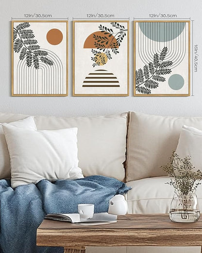 PHOPAGO Summer Boho Wall Art Botanical Modern Framed Wall Prints Abstract Neutral Geometric Prints Bohemain Plants Decor for Farmhouse Hallway - 12x16in Natural Framed