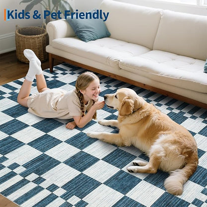GarveeHome 8×10 Area Rugs for Living Room,Blue and White Checkered Rug, Non-Slip Washable Rugs 8x10,Soft Low-Pile Farmhouse Geometric Modern Rugs for Bedroom Dining Room