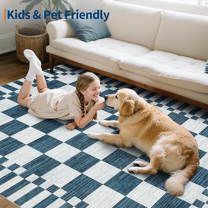 GarveeHome 9×12 Area Rugs for Living Room,Blue and White Checkered Rug, Non-Slip Washable Rugs 9x12,Soft Low-Pile Farmhouse Geometric Modern Rugs for Bedroom Dining Room