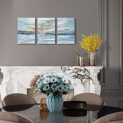 Abstract Canvas Wall Art for Bedroom 3 Piece Ocean Painting Coastal Theme Artwork Blue and Yellow Sunset & Sunrise on the Beach Seascape Picture for Bathroom Living Room Light 12x16inchx3 panel