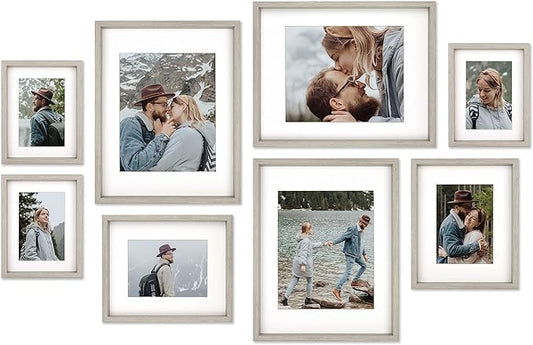 8 Pack Shadow Box Style Gallery Wall Frame Set – Deep Photo Frame Set with Mat for 8x10, 5x7 and 4x6 - Multiple Sizes Picture Frame Set for Wall Collage – Assorted Picture Frames for Wall (Gray)