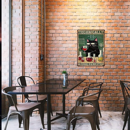 Funny Bar Signs "Technically Alcohol is a Solution" Black Cat Metal Decor for Pub Tavern & Man Cave 12x16Inch