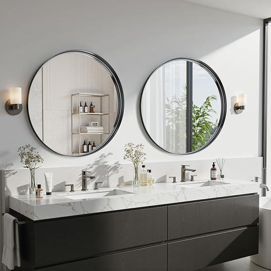 Suidia 2-Pack 30" x 30" Bathroom Mirror, Bathroom Vanity Mirror Metal Framed, Wall-Mounted Mirrors for Bedroom, Living Room, Entryway, Hallway, Black, Round Style
