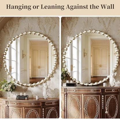 Round Vanity Wall Mirror, 36 Inch Beaded Frame Circle Mirror for Bathroom, Bedroom Dresser, Entryway, Living Room, Decorative Hanging Wall Mirror, Silver