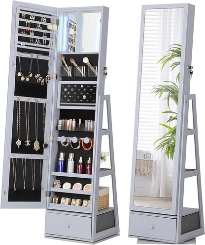 Nicetree 360° Swivel Jewelry Cabinet with Lights, Mirror Jewelry Cabinet Standing, Interior Vanity Mirror, Rotatable Full Length Mirror with Jewelry Storage, Standing Jewelry Armoire Organizer, Grey