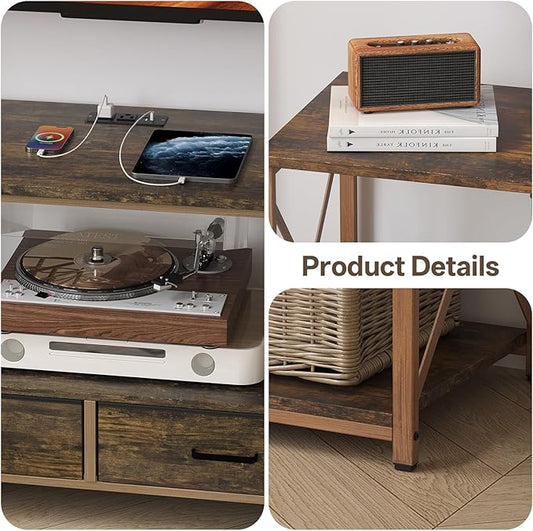 LED TV Stand with 2 Fabric Drawer - 63" Industrial TV Console Table with Open Storage Shelves for Living Room,Bedroom, Entertainment Center TV Stands for 65-75" TV - Rustic Brown Steel Frame