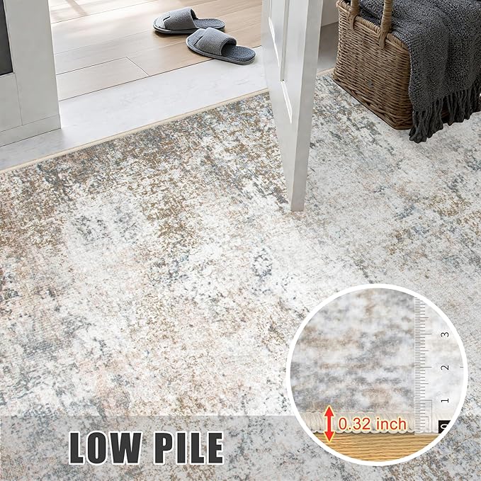 8x8 Area Rug Living Room Rug: Washable Modern Abstract Soft Thin Rug Indoor Floor No Slip Stain Resistant Carpet for Bedroom Dining Room Farmhouse Nursery Home Office - Brown Grey