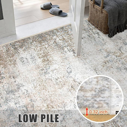 8x8 Area Rug Living Room Rug: Washable Modern Abstract Soft Thin Rug Indoor Floor No Slip Stain Resistant Carpet for Bedroom Dining Room Farmhouse Nursery Home Office - Brown Grey