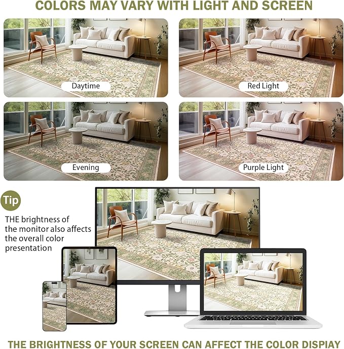 Floral 6x9 Area Rugs Machine Washable Boho Low Pile Soft Vintage Carpet for Living Room with Non Silp for Bedroom,Dining Room,Laundry Indoor,Beige/Green