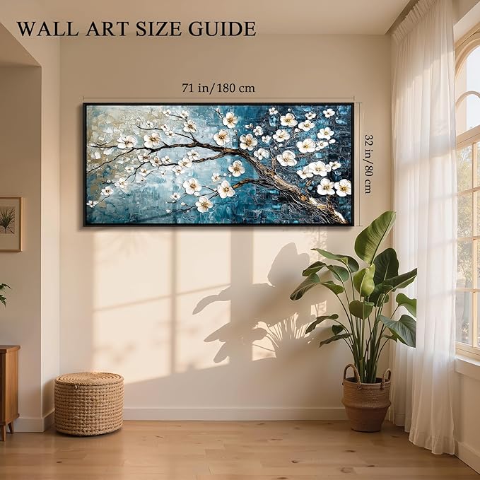 crmotu Large Plum Blossom Wall Art, Japanese Teal Tree Oil Paintings Prints Framed Artwork, Modern Blue Tree Pictures Wall Decor Living Room Bedroom Home Office, 32"x71"