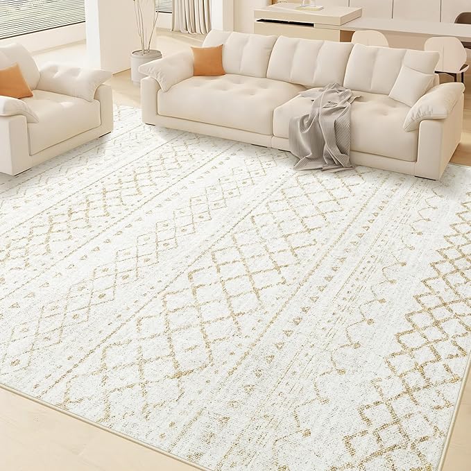 Area Rug for Living Room 6x9: Large Washable Boho Moroccan Rugs Geometric Neutral Rug, Non-Slip Foldable Morden Farmhouse Indoor Floor Carpet for Bedroom Dining Table Home(Beige,6X9)