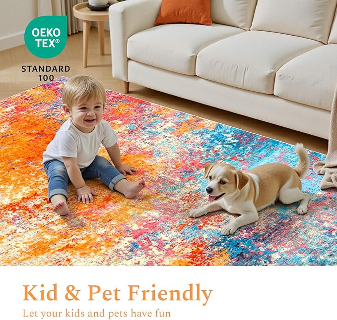 Rugflix 10x14 Area Rugs for Living Room, Washable Colorful Rainbow Rug Stain-Resistant Low Pile, Large Carpet Non-Slip for Kids Girls Room Nursery Bedroom Home Office