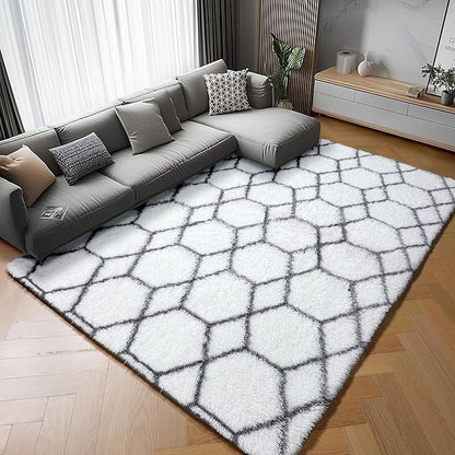 ONASAR 5x7 Area Rugs for Living Room Bedroom, Fluffy White and Grey Throw Rug, Geometric Boho Soft Plush Shaggy Indoor Floor Carpet for Nursery Kids Girls Boys Teen Dorm Home Decor Aesthetic