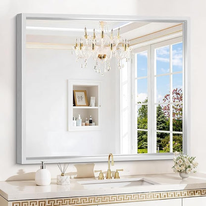 Silver Bathroom Mirror, 42 x 36 Inch Brushed Silver Rectangle Mirror for Wall, 0.6" Thickened Deep Frame Mirrors for Over Sink, Shatterproof Tempered Glass, Antirust, Horizontally or Vertically