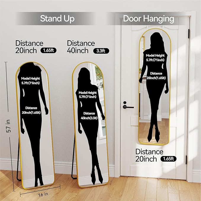 SCWF-GZ 57x16 Door Hanging Full Length Mirror, Floor Stand (Height 5.7ft just Body in1.3ft) / Wall Mounted Metal Frame Arch Dressing Mirrors for Bedroom Living Room 57 inch Gold