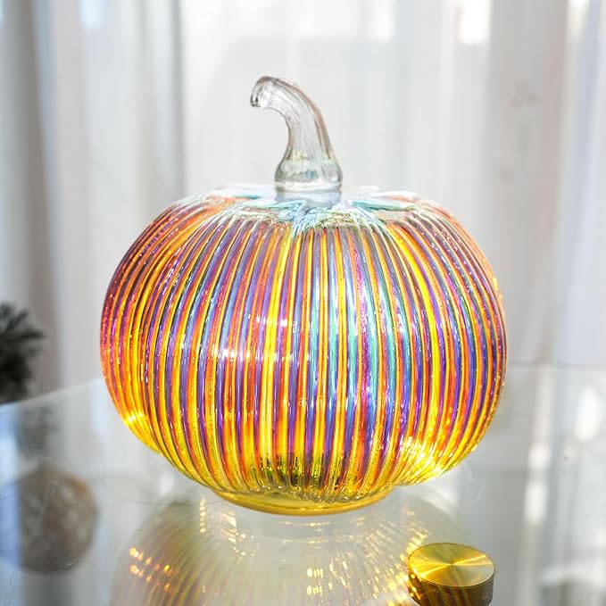 Iridescent Glass Pumpkin Light with Timer | Battery Powered Holiday, Autumn, Thanksgiving Décor