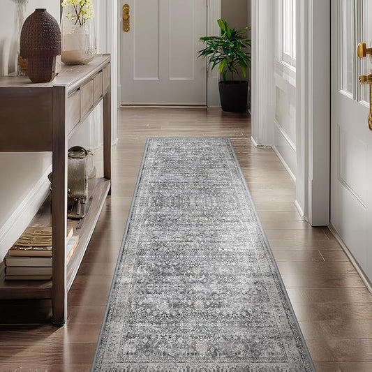 Grey 2x6 Runner Rug for Hallways Entryway, Vintage Neutral Kitchen Bathroom Runner 6ft, Non Slip Washable Low Pile Thin Carpet Runner for Mudroom/Laundry Room/Bedroom Bedside