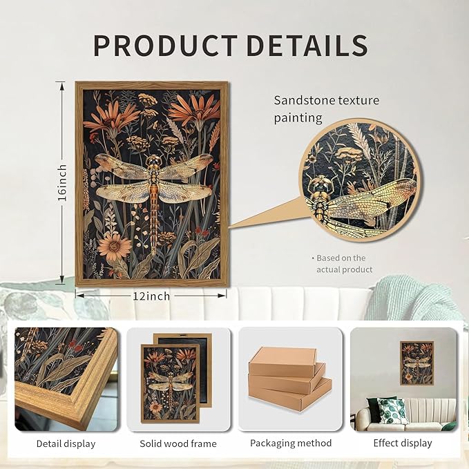 Framed Vintage 3D Textured Wall Art Dark Green Dragonfly Flowers Wall Decor Hand Drawn Sandstone Nature Botanical Paintings Pictures for Living Room Bedroom 12x16 inch