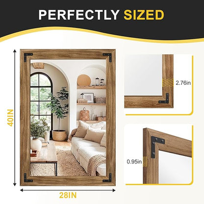Wood Bathroom Mirror for Wall, 28"x40" Rustic Farmhouse Wood Framed Mirror for Bathroom Sink, Entryway, Living Room, Bedroom