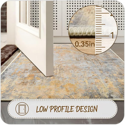 Entryway Rug 2x3 Beige Gold Door Mat Indoor Entrance 24x36, Washable Small Throw Rugs for Kitchen Floor, Entry, Front Door, Bedroom Bedside, Non-Slip Low Pile Stain & Fade Resistant, Abstract