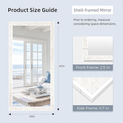 Tanmicoshomy 24 x 47 Inch White Rectangle Wall Mirror, Natual Shell Framed Rectangle Bathroom Mirrors with Tempered Glass for Bedroom Living Room or Entryway, Horizontal or Vertical Hanging
