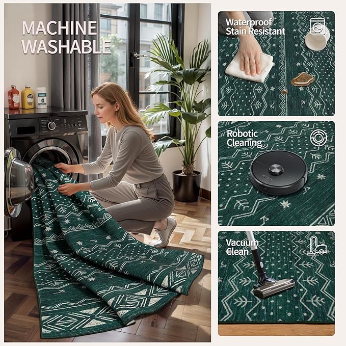 SERISSA 2x5 Kitchen Runner Rug, Washable Non-Slip Dark Green Boho Rug, Soft Low-Pile Geometric Indoor Carpet for Hallway Laundry Room Bathroom Bedroom Entryway