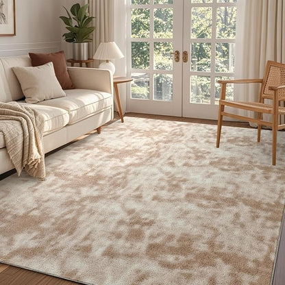 FinRèc 4x6 Washable Area Rugs for Bedroom Living Room, Low Pile Thin Ultra Soft Shag Rug, Non-Slip Carpet Indoor for Home Decor (Tie-dye Light Tan)