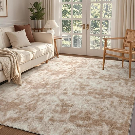 FinRèc 4x6 Washable Area Rugs for Bedroom Living Room, Low Pile Thin Ultra Soft Shag Rug, Non-Slip Carpet Indoor for Home Decor (Tie-dye Light Tan)