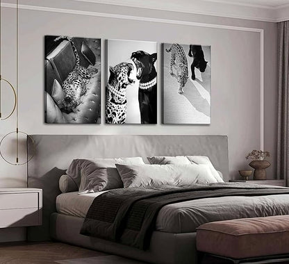 3 Pcs Black and White Cheetah Canvas Wall Art Vintage Trendy Wild Leopard Painting Picture Wall Decor Poster Print Artwork for Bedroom Living Room Apartment Home Decoration (24Lx16W-Canvas)
