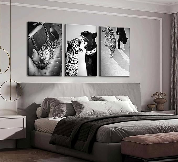 3 Pcs Black and White Cheetah Canvas Wall Art Vintage Trendy Wild Leopard Painting Picture Wall Decor Poster Print Artwork for Bedroom Living Room Apartment Home Decoration(16Lx12W-Canvas)