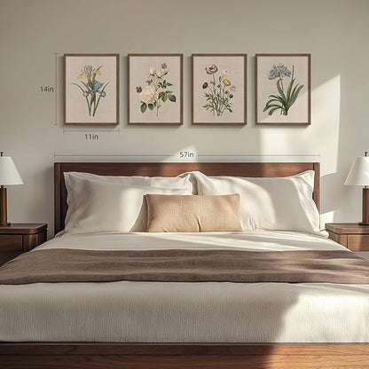Framed Botanical Floral Wall Art, 4 Piece Vintage Flower Canvas Painting Prints for Bedroom, Rustic Floral Butterfly Pictures for Farmhouse Kitchen Living Room Dining Room Hallway Wall Decor, 11x14 In