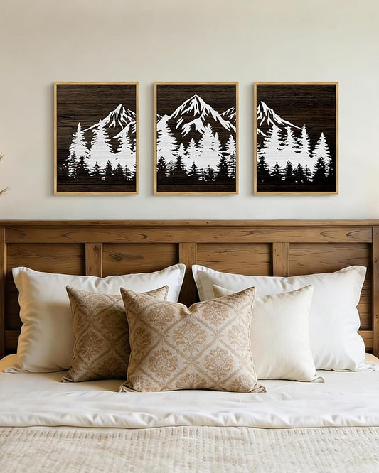 PHOPAGO Mountains Tree Framed Wall Art Boho Forest Nature Landscape Artwork Paints Morden Country Woodcut Wood Wall Decor Rustic Home Decor - 11x14in Natural Framed